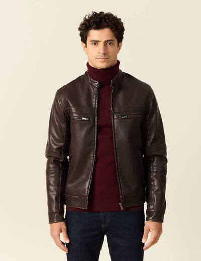 Blouson simili cuir marron foncé homme