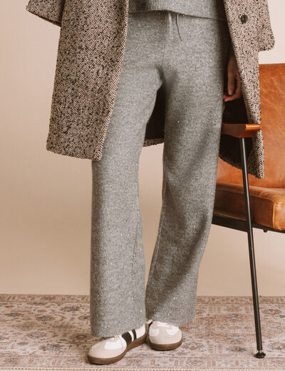 Pantalon large taille haute en maille gris femme