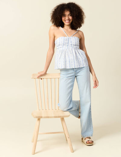 Top col droit à bretelles en coton bleu clair femme