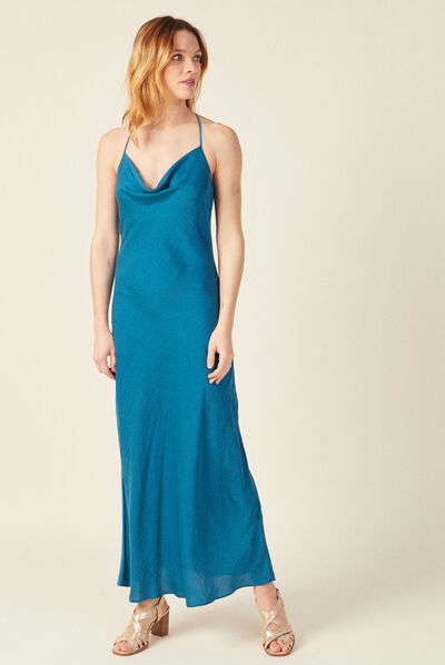 Robe longue droite à bretelles bleu pétrole femme