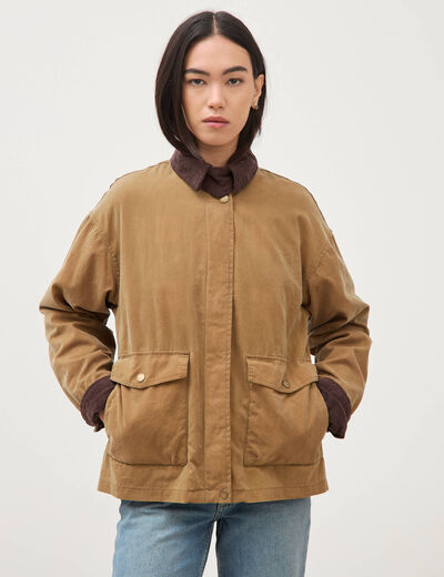 Parka oversize courte col classique camel femme