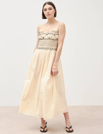Robe col v &agrave; bretelles en coton creme femme