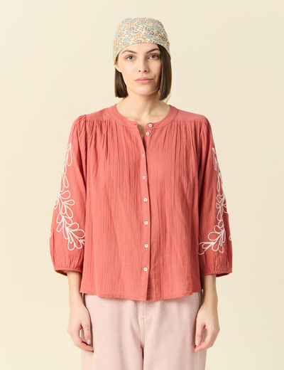 Chemise manches 3/4 brodée rose framboise femme