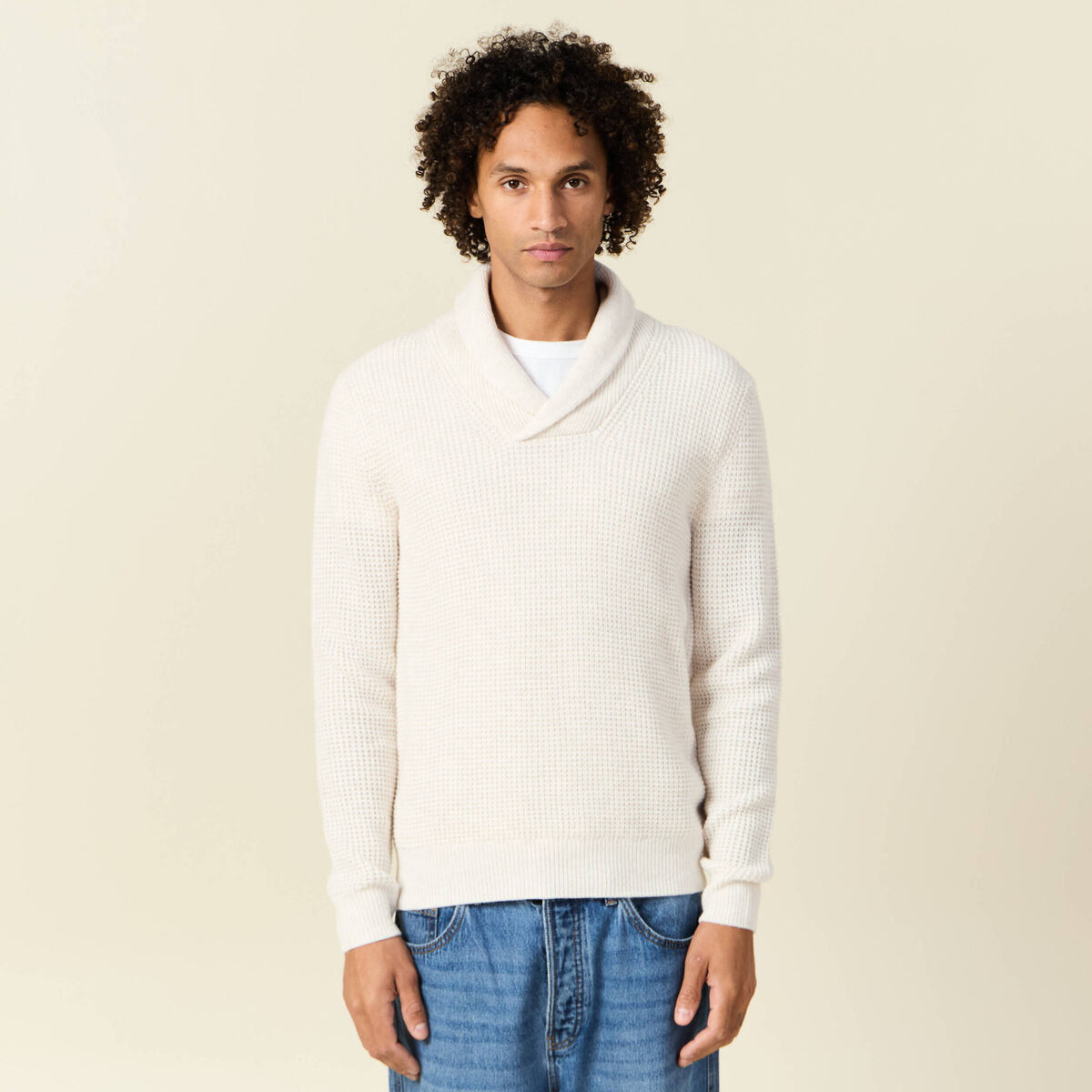 Pull manches longues col ch&acirc;le ecru homme