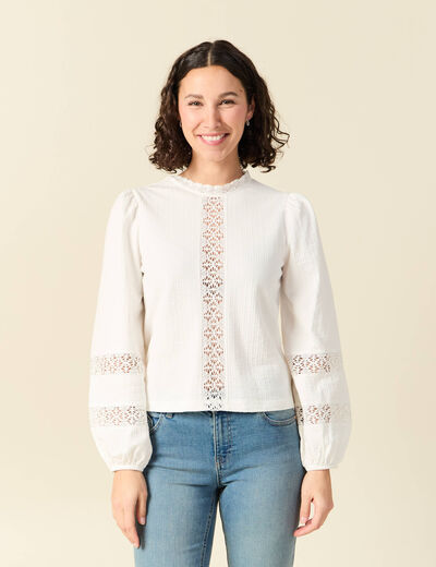 Blouse droite courte manches longues ecru femme