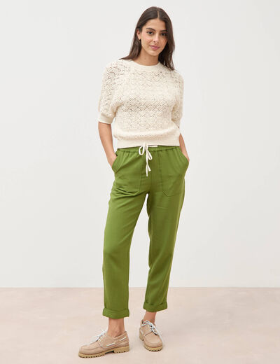 Pull droit court ajour&eacute; manches courtes camel femme