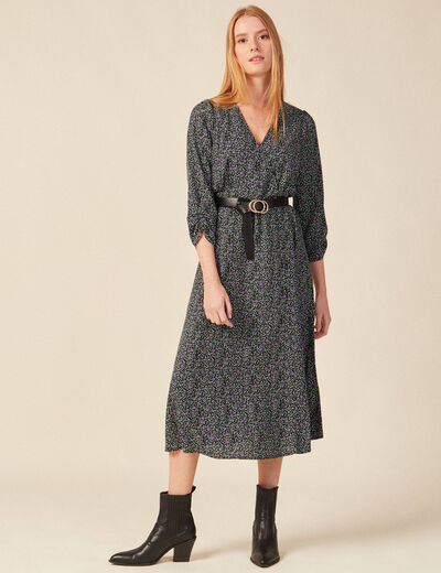 Robe droite 3/4 col v manches fluides noir femme