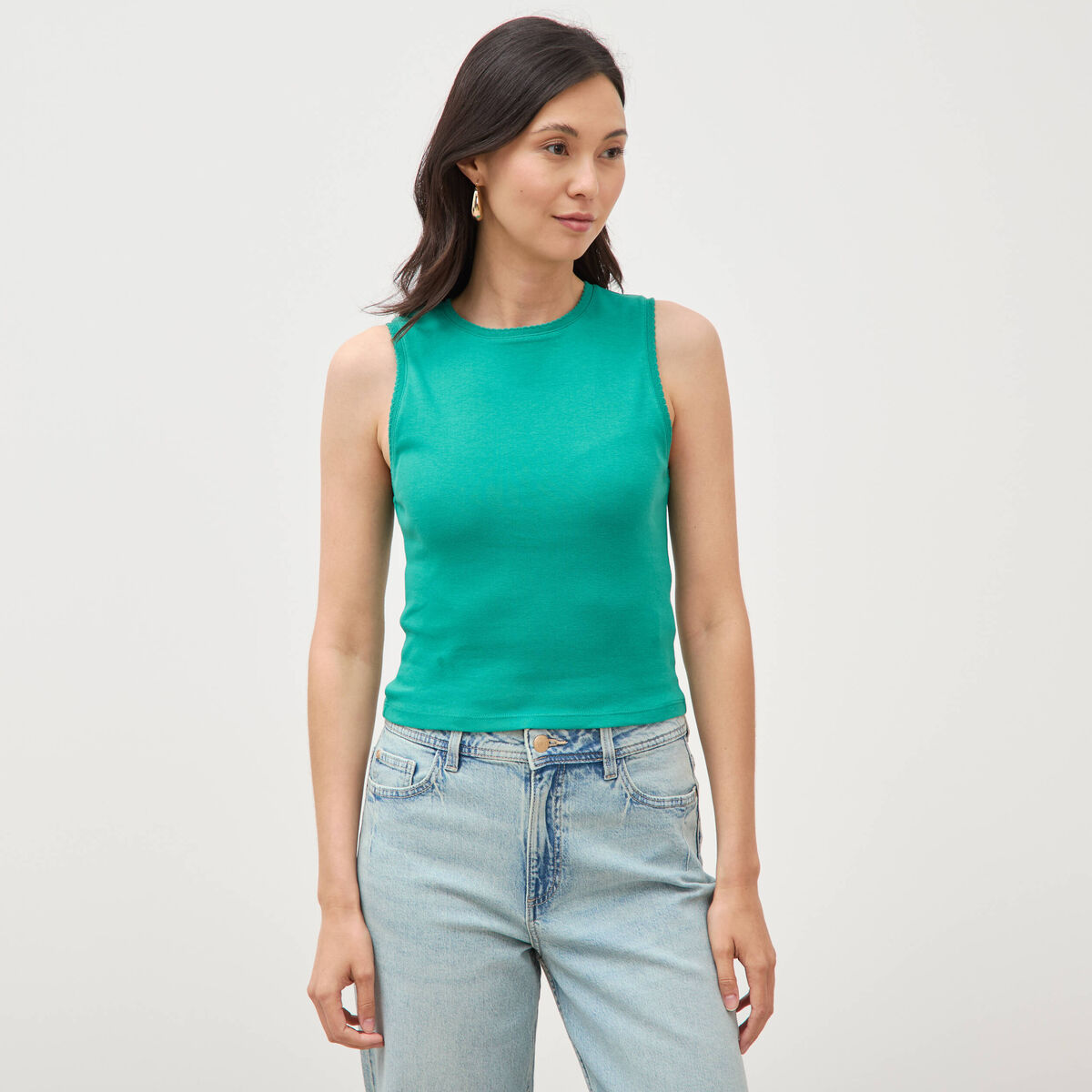 D&eacute;bardeur ajust&eacute; col rond en coton vert femme