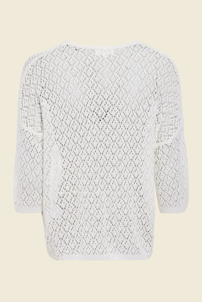 Pull manches 3/4 ajouré ecru femme