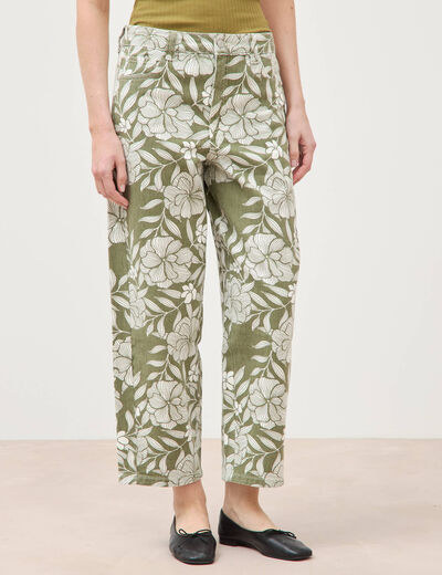 Pantalon loose taille haute en coton vert kaki femme