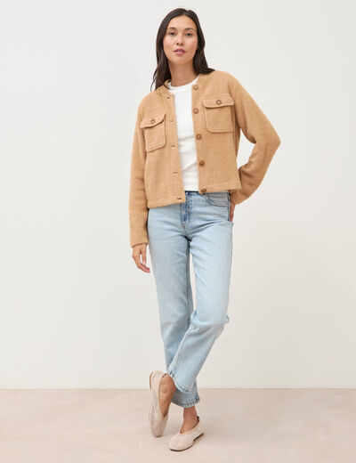 Gilet droit manches longues col mao camel femme