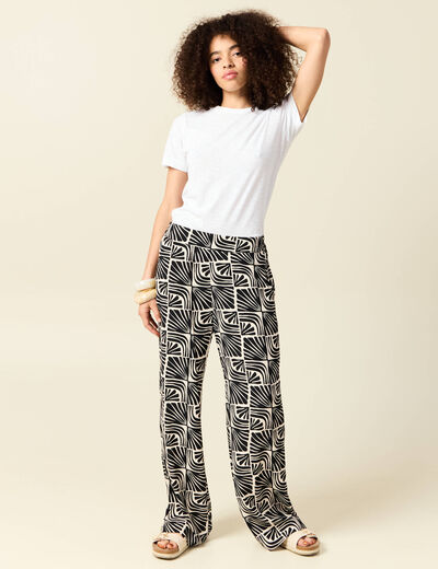 Pantalon large taille haute fluide creme femme