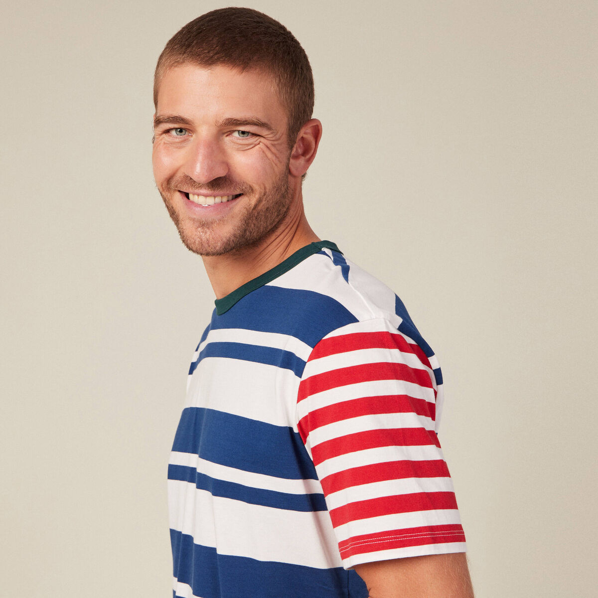 T-shirt ray&eacute; col rond manches courtes ecru homme