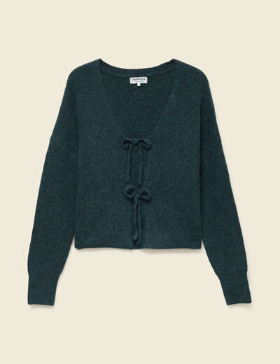 Gilet col V manches longues n&oelig;uds vert fonc&eacute; femme