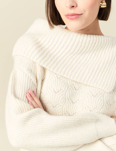 Pull ajour&eacute; manches longues bardot ecru femme