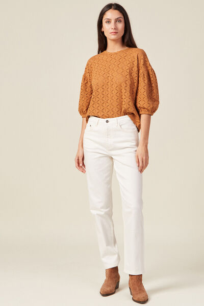 T-shirt manches 3/4 ajouré marron femme