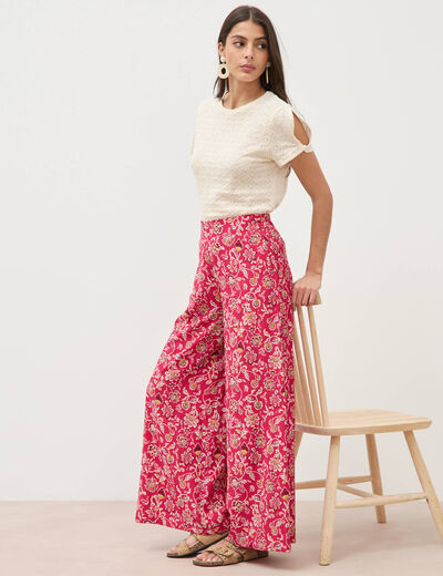 Pantalon large taille haute rouge cerise femme