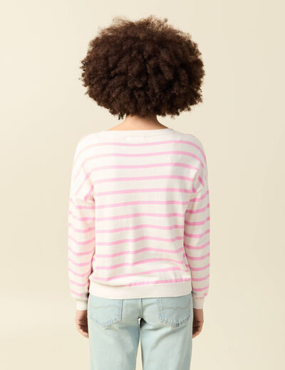 Pull col rond manches longues broderie rose clair femme