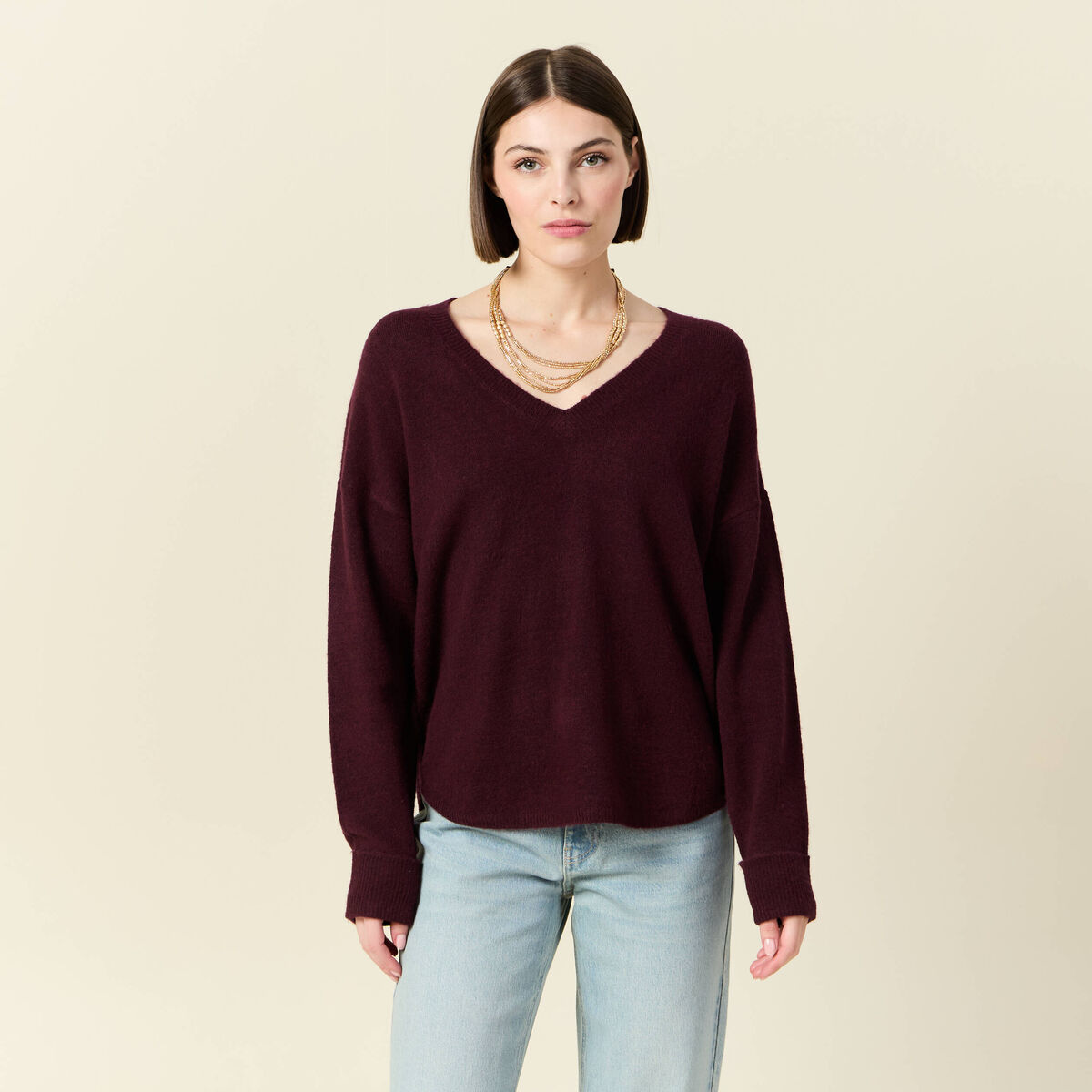 Pull manches longues col en V prune femme