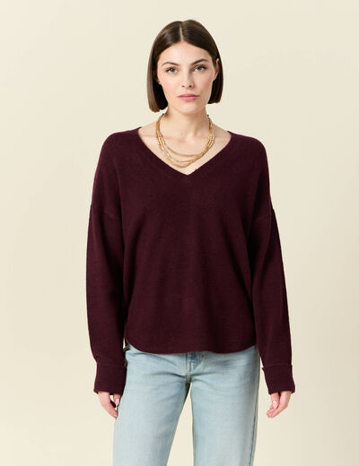 Pull manches longues col en V prune femme