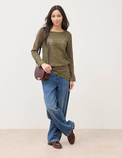 T-shirt manches longues en dentelle vert kaki femme