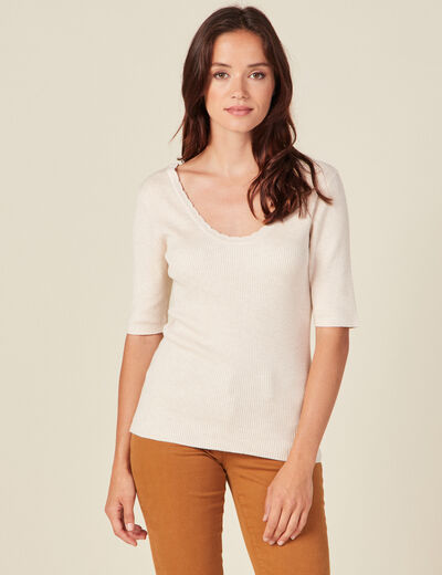 Pull manches courtes creme femme