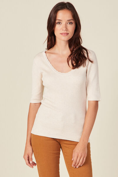 Pull manches courtes creme femme