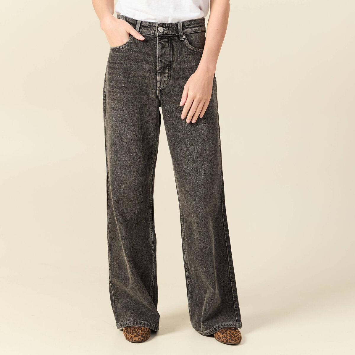 Jeans large taille haute denim snow gris femme