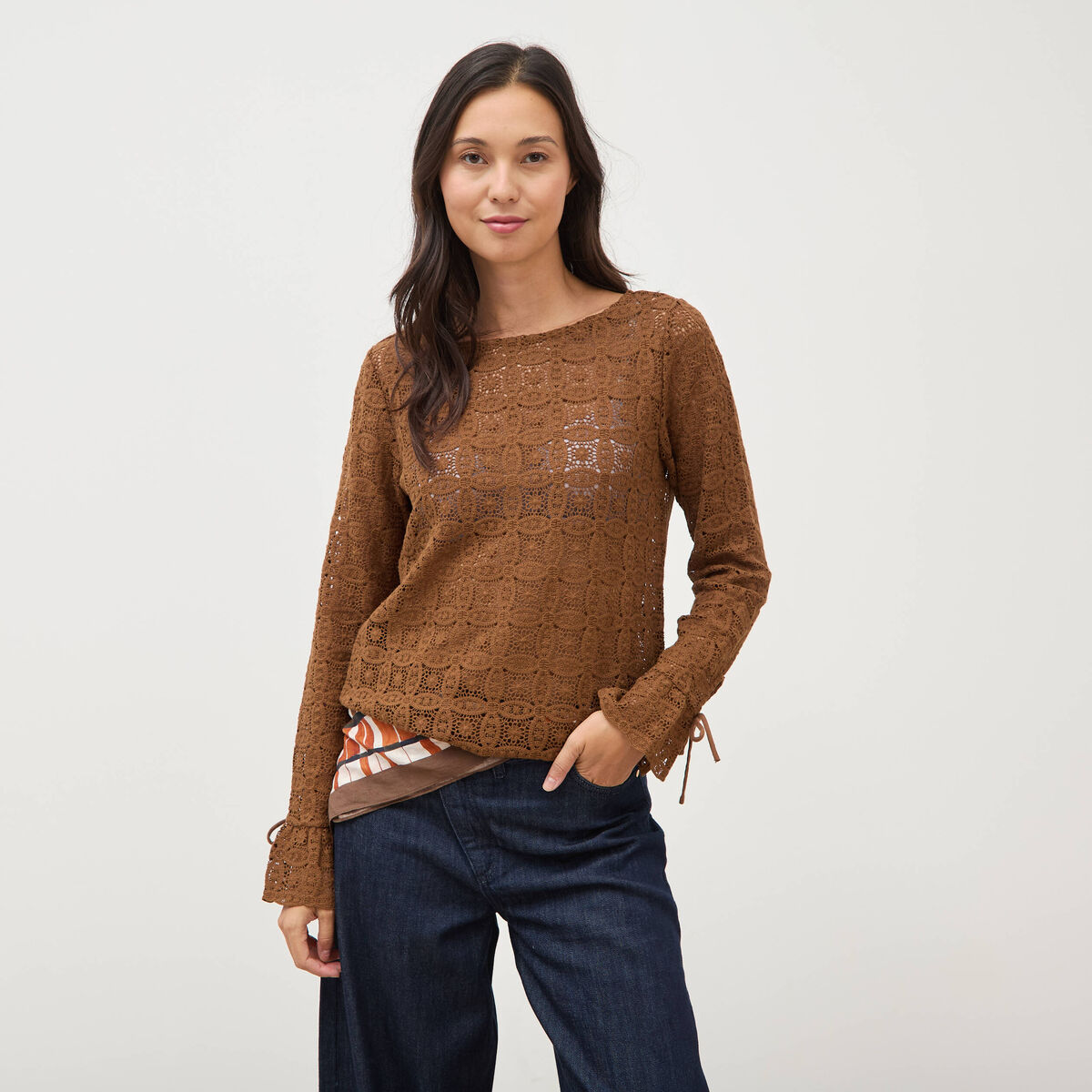 T-shirt manches longues en dentelle marron femme