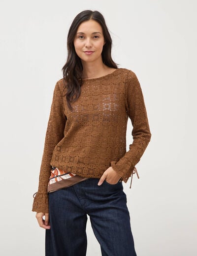 T-shirt manches longues en dentelle marron femme