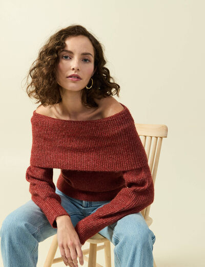 Pull manches longues col bardot vieux rose femme