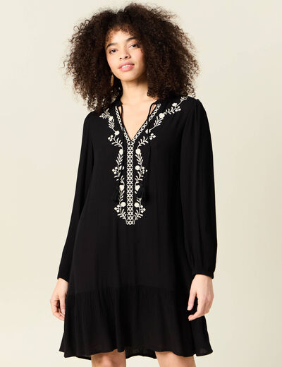 Robe évasée broderie noir femme