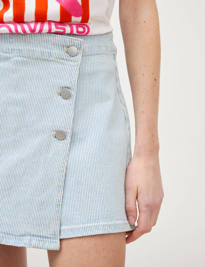 Jupe-short taille haute en jeans denim bleach femme