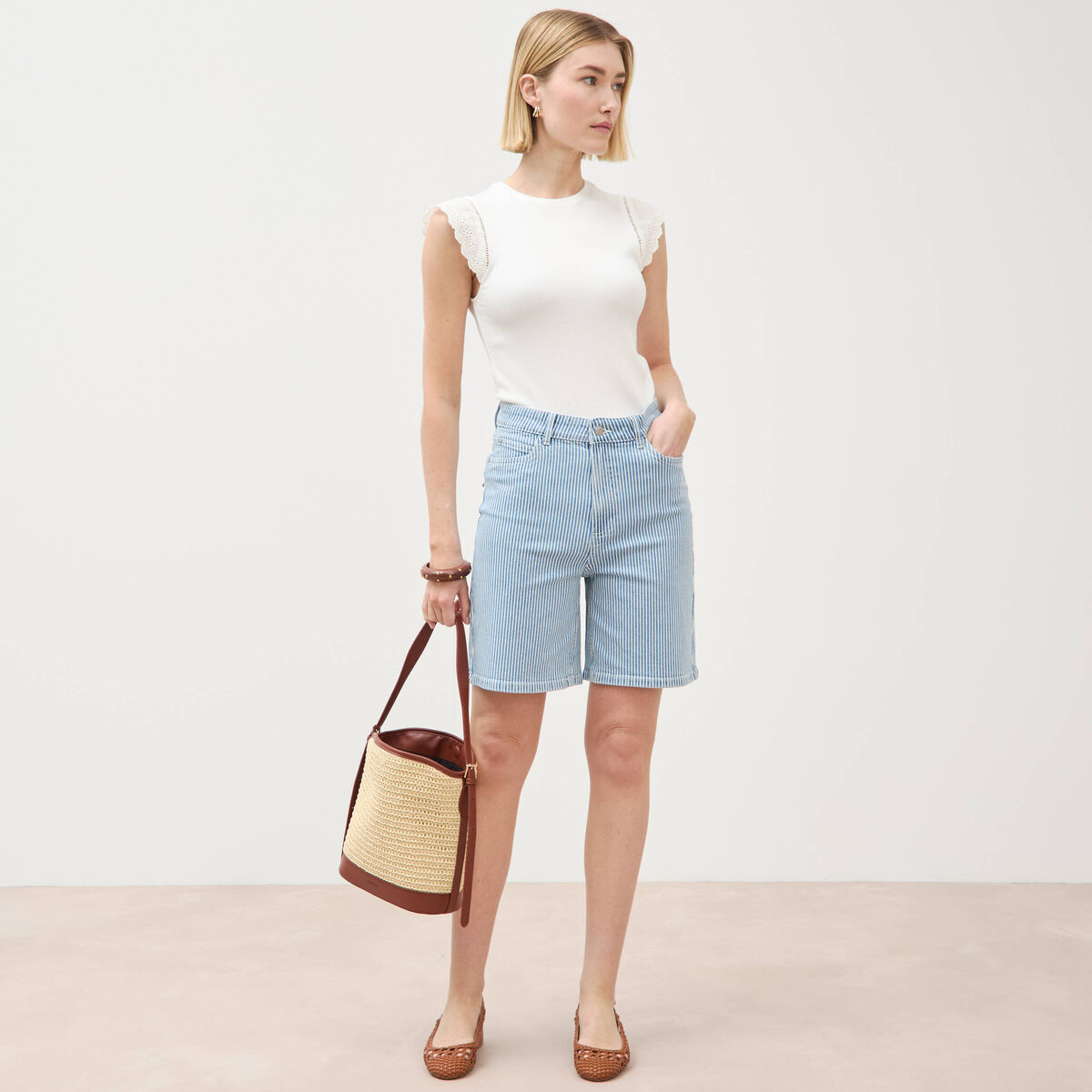 Bermuda large taille haute en jeans denim stone femme