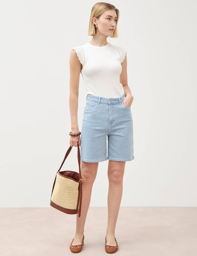 Bermuda large taille haute en jeans denim stone femme