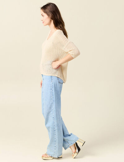 Pull ajour&eacute; col v manches 3/4 creme femme