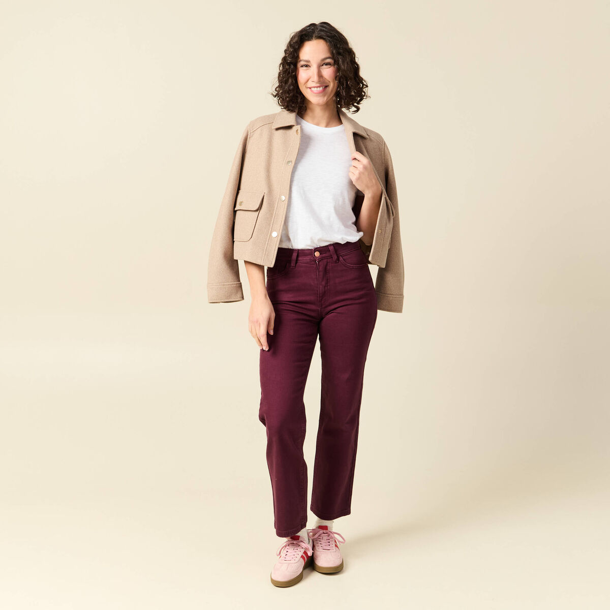 Jeans droit 7/8&egrave;me taille standard bordeaux femme