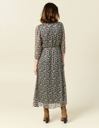 Robe longue évasée manches 3/4 noir femme