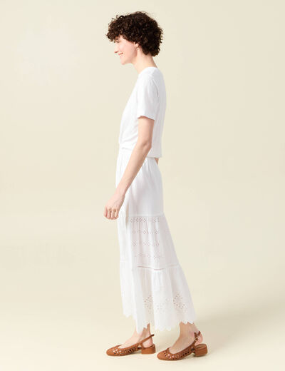 Jupe longue droite brodée ecru femme