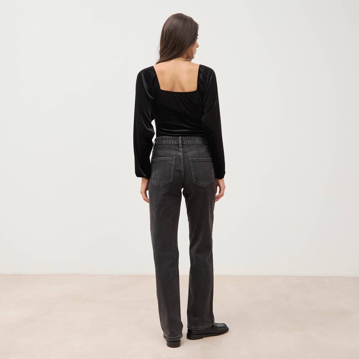 Jeans straight taille haute strass denim gris femme