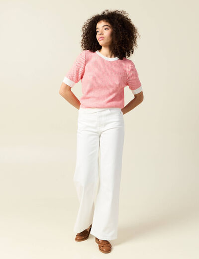 Pull droit court manches courtes ecru femme