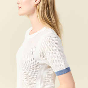 Pull manches courtes ajouré ecru femme
