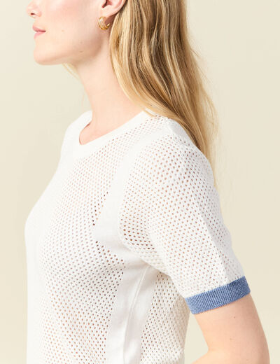Pull manches courtes ajouré ecru femme