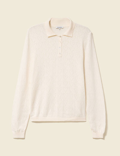Pull ajouré manches longues en coton ecru femme