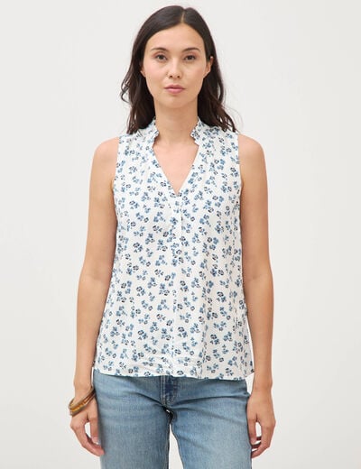 Top sans manches col v fluide ecru femme