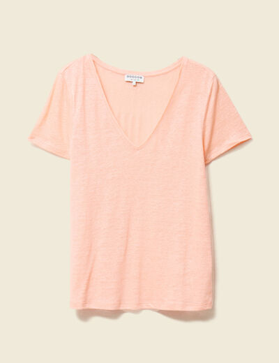T-shirt col v en lin manches courtes rose saumon femme