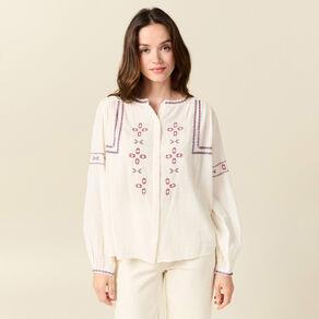 Chemise manches longues brodée creme femme