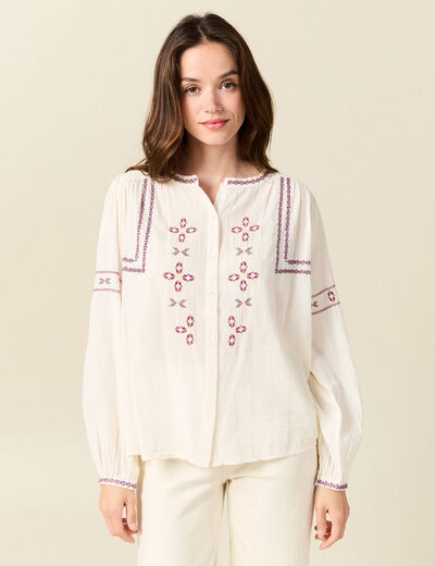 Chemise manches longues brodée creme femme