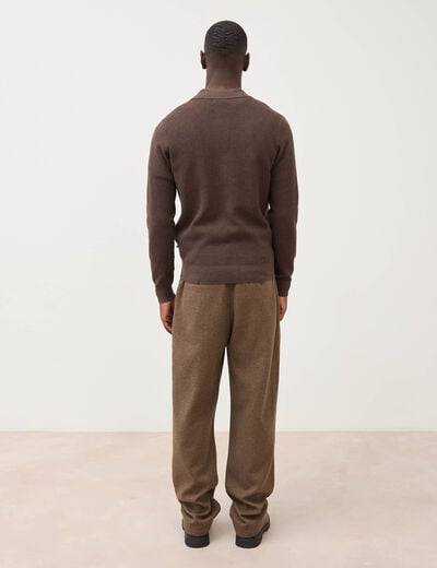 Pull droit col polo manches longues marron homme