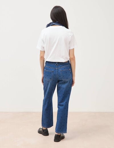 Jeans straight taille haute broderie bleu clair femme